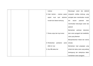 mukosa
6. Catat keluhan – keluhan pasien
seperti mual nyeri abdomen
muntah dan distensi lambung
7. Pantau output dan input cairan
8. Pertahankan pemberian cairan
2500 ml / hari
9. Ukur BB setiap hari
Kekurangan cairan dan elektrolit
mengubah motilitas lambung, yang
seringkali akan menimbulkan muntah
dan secara potensial akan
menimbulkan kekurangan cairan dan
elektrolit
Memberikan perkiraan kebutuhan
akan cairan pengganti dan keefektifan
cairan yang diberikan
Mempertahankan hidrasi dan volume
sirkulasi.
Memberikan hasil pengkajian yang
terbaik dari status cairan yang sedang
berlangsung dan selanjutnya dalam
memberikan cairan pengganti.
 