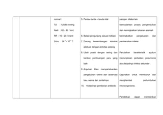 normal :
TD : 120/80 mmHg
Nadi : 60 – 80 / mnt
RR : 16 – 20 / menit
Suhu : 36
o
– 37
o
C
5. Pantau tanda – tanda vital
6. Batasi pengunjung sesuai indikasi
7. Dorong keseimbangan istirahat
adekuat dengan aktivitas sedang
8. Ubah posisi dengan sering dan
berikan pembuangan paru yang
baik
9. Anjurkan klien mempertahankan
pengeluaran sekret dan observasi
bau, warna dan jumlahnya
10. Kolaborasi pemberian antibiotic
patogen infeksi lain
Memudahkan proses penyembuhan
dan meningkatkan tahanan alamiah
Meningkatkan pengeluaran dan
pembersihan infeksi
Perubahan karakteristik sputum
menunjukkan perbaikan pneumonia
atau terjadinya infeksi sekunder
Digunakan untuk membunuh dan
menghambat pertumbuhan
mikroorganisme.
Pendidikan dapat memberikan
 