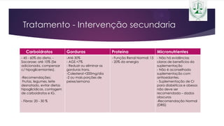 Tratamento - Intervenção secundaria
Carboidratos Gorduras Proteína Micronutrientes
- 45 - 60% da dieta. -
Sacarose: até 10% (Se
adicionada, compensar
c/ hipoglicemiantes).
-Recomendações:
Frutas, legumes, leite
desnatado, evitar dietas
hipoglicídicas, contagem
de carboidratos e IG.
- Fibras: 20 - 30 %
-Até 30%
- AGS <7%
- Reduzir ou eliminar as
gorduras trans.
-Colesterol <200mg/dia
-2 ou mais porções de
peixe/semana
- Função Renal Normal: 15
- 20% da energia
- Não há evidências
claras de benefícios da
suplementação
- Não é aconselhado
suplementação com
antioxidantes.
- Suplementação de Cr
para diabéticos e obesos
não deve ser
recomendada – dados
obscuros
-Recomendação Normal
(DRIS)
 