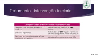 Tratamento - Intervenção terciaria
Complicações Cardiovasculares Recomendações
Diabético com sintomas de falência
cardíaca
Reduzir consumo de sódio p/ 2000
mg/dia
Diabético Hipertenso
Reduzir sódio p/ 2300 mg/dia + dieta rica
em frutas e legumes e pobre em gordura
Dieta rica em frutas, legumes e grãos e
adequada em gordura
Afeta beneficamente os risco de DCV
ADA, 2015
 