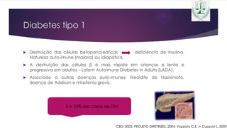 Diabetes tipo 1
 Destruição das células betapancreáticas deficiência de insulina.
Natureza auto-imune (maioria) ou idiopática.
 A destruição das células β é mais rápida em crianças e lenta e
progressiva em adultos – Latent Autoimune Diabetes in Adults (LADA).
 Associado a outras doenças auto-imunes: tireoidite de Hashimoto,
doença de Addison e miastenia gravis.
CBD, 2002; PROJETO DIRETRIZES, 2004; Viggiato C.E. in Cuppari L, 2009
5 a 10% dos casos de DM
 