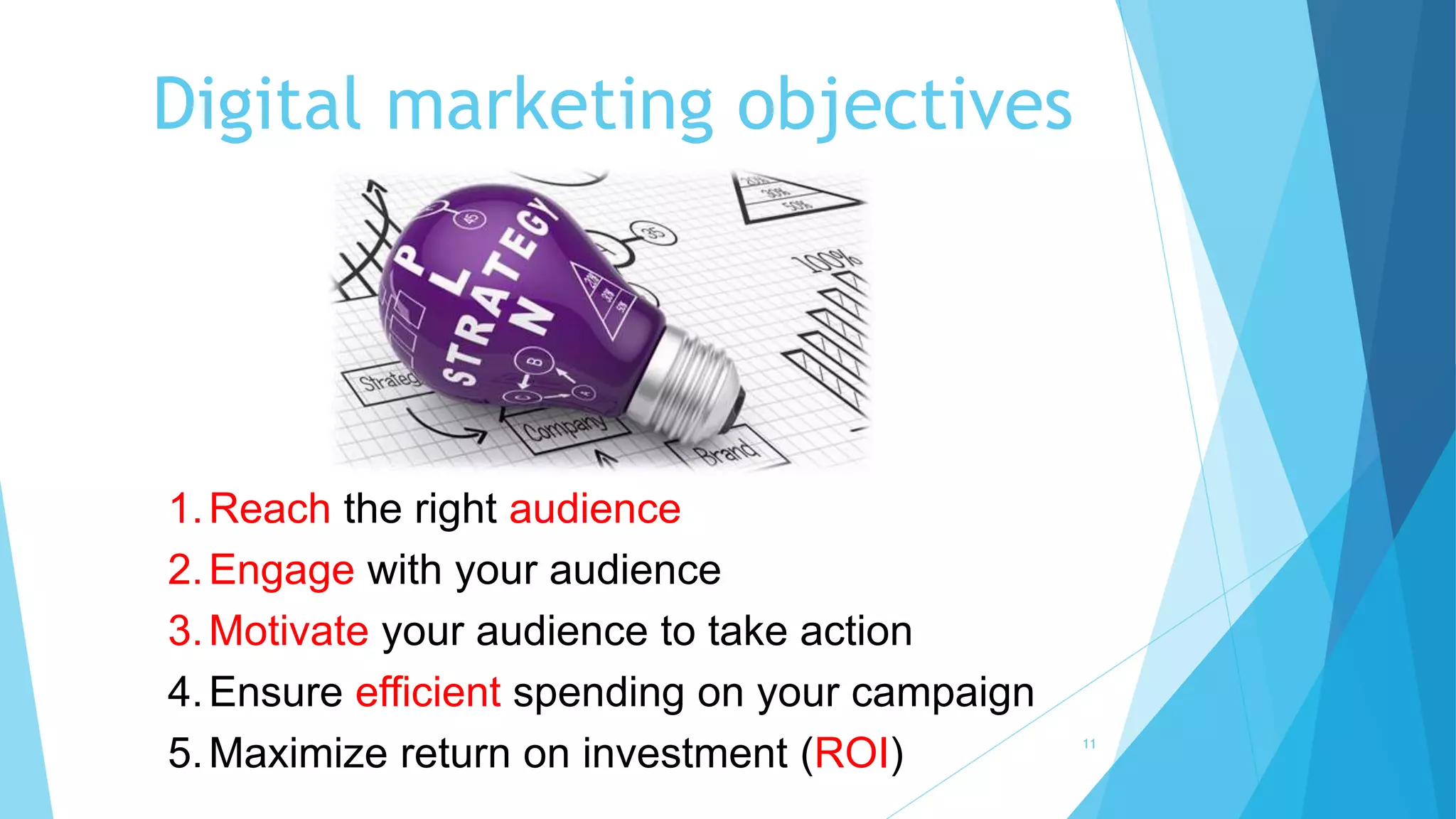 Digital marketing objectives
1.Reach the right audience
2.Engage with your audience
3.Motivate your audience to take action
4.Ensure efficient spending on your campaign
5.Maximize return on investment (ROI) 11
 