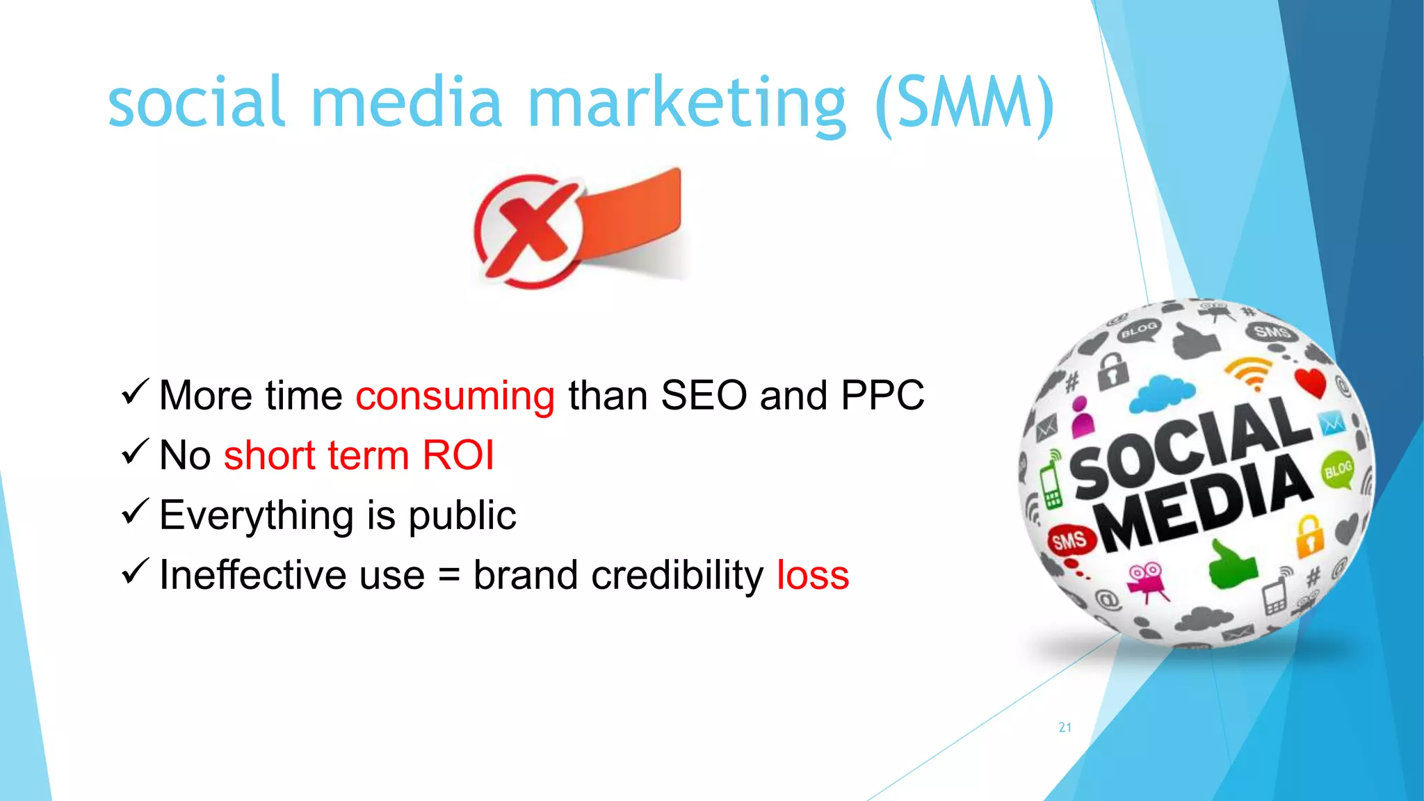 social media marketing (SMM)
21
 More time consuming than SEO and PPC
 No short term ROI
 Everything is public
 Ineffective use = brand credibility loss
 