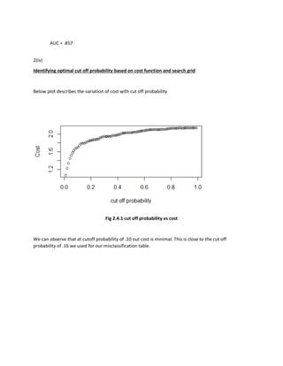 AUC = .857
2(iv)
Identifying optimal cut off probability based on cost function and search grid
Below plot describes the variation of cost with cut off probability
Fig 2.4.1 cut off probability vs cost
We can observe that at cutoff probability of .10 out cost is minimal. This is close to the cut off
probability of .16 we used for our misclassification table.
 