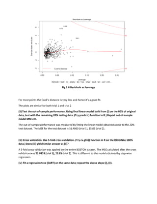 Fig 1.6 Residuals vs leverage
For most points the Cook’s distance is very less and hence it’s a good fit.
The plots are similar for both trial 1 and trial 2
(ii) Test the out-of-sample performance. Using final linear model built from (i) on the 80% of original
data, test with the remaining 20% testing data. (Try predict() function in R.) Report out-of-sample
model MSE etc.
The out-of-sample performance was measured by fitting the linear model obtained above to the 20%
test dataset. The MSE for the test dataset is 31.4860 (trial 1), 15.05 (trial 2).
(iii) Cross validation. Use 5-fold cross validation. (Try cv.glm() function in R on the ORIGINAL 100%
data.) Does (iii) yield similar answer as (ii)?
A 5-fold cross validation was applied on the entire BOSTON dataset. The MSE calculated after the cross
validation was 23.0353 (trial 1), 23.85 (trial 2). This is different to the model obtained by step-wise
regression.
(iv) Fit a regression tree (CART) on the same data; repeat the above steps (i), (ii).
 
