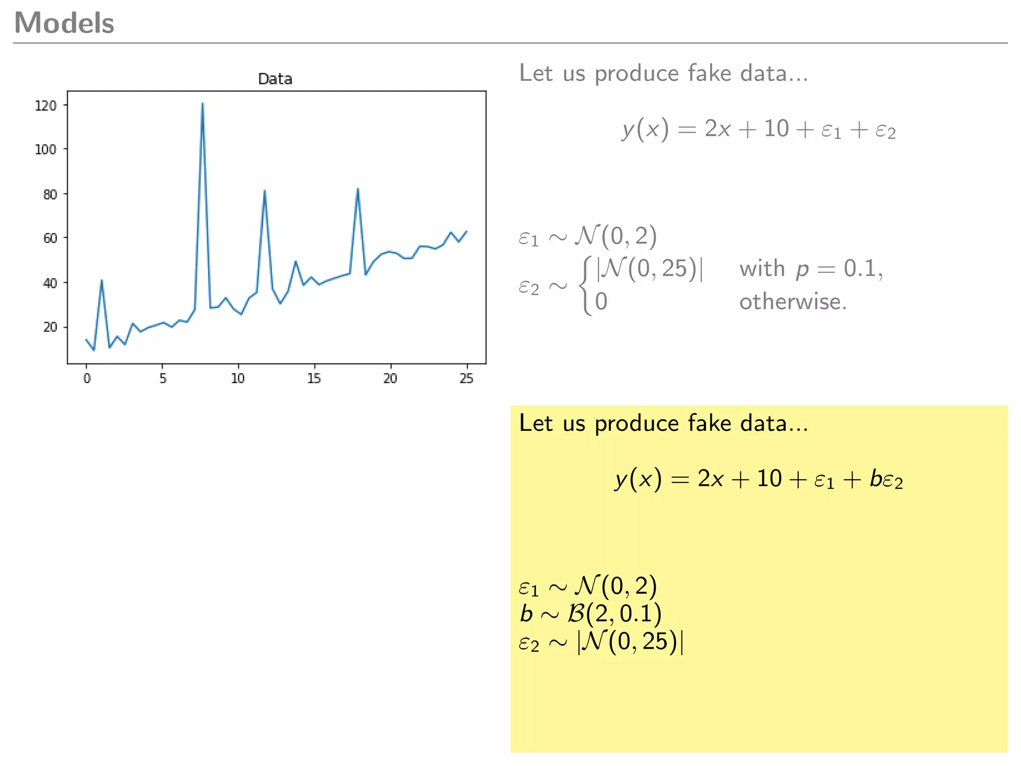 Models
Let us produce fake data...
y(x) = 2x + 10 + ε1 + ε2
ε1 ∼ N(0, 2)
ε2 ∼
|N(0, 25)| with p = 0.1,
0 otherwise.
Let us produce fake data...
y(x) = 2x + 10 + ε1 + bε2
ε1 ∼ N(0, 2)
b ∼ B(2, 0.1)
ε2 ∼ |N(0, 25)|
 