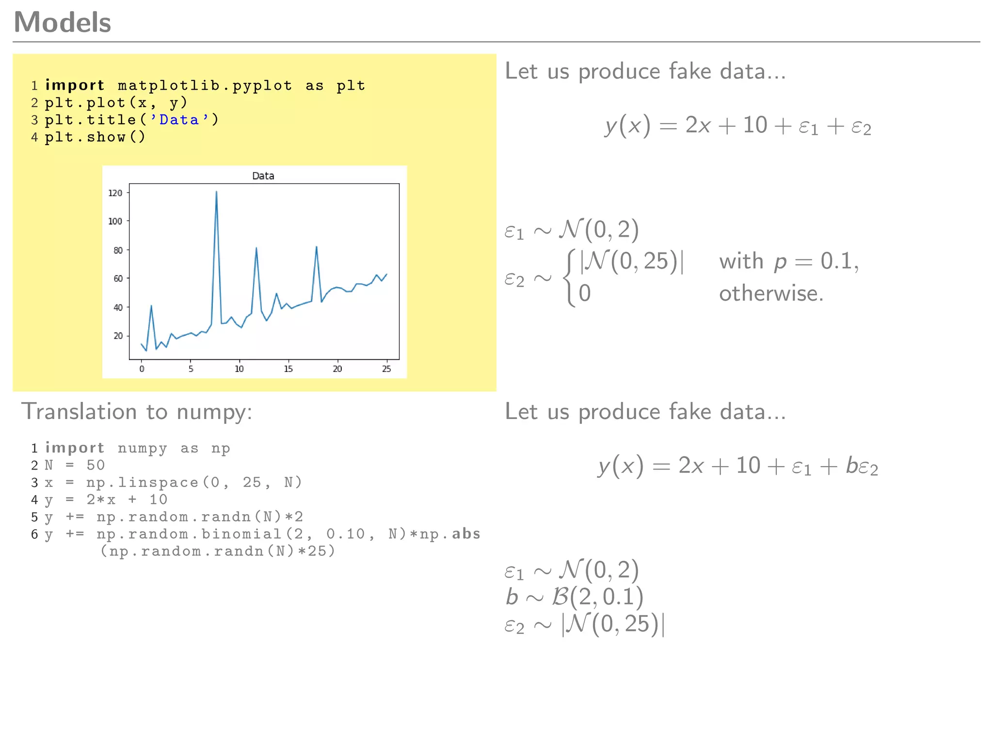 Models
1 import matplotlib.pyplot as plt
2 plt.plot(x, y)
3 plt.title(’Data ’)
4 plt.show ()
Let us produce fake data...
y(x) = 2x + 10 + ε1 + ε2
ε1 ∼ N(0, 2)
ε2 ∼
|N(0, 25)| with p = 0.1,
0 otherwise.
Translation to numpy:
1 import numpy as np
2 N = 50
3 x = np.linspace (0, 25, N)
4 y = 2*x + 10
5 y += np.random.randn(N)*2
6 y += np.random.binomial (2, 0.10 , N)*np. abs
(np.random.randn(N)*25)
Let us produce fake data...
y(x) = 2x + 10 + ε1 + bε2
ε1 ∼ N(0, 2)
b ∼ B(2, 0.1)
ε2 ∼ |N(0, 25)|
 