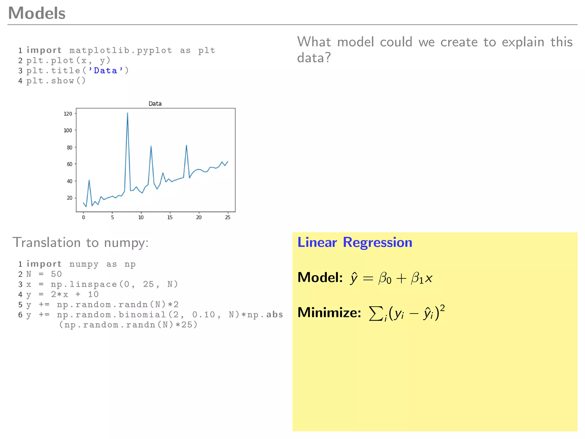 Models
1 import matplotlib.pyplot as plt
2 plt.plot(x, y)
3 plt.title(’Data ’)
4 plt.show ()
What model could we create to explain this
data?
Translation to numpy:
1 import numpy as np
2 N = 50
3 x = np.linspace (0, 25, N)
4 y = 2*x + 10
5 y += np.random.randn(N)*2
6 y += np.random.binomial (2, 0.10 , N)*np. abs
(np.random.randn(N)*25)
Linear Regression
Model: ˆy = β0 + β1x
Minimize: i (yi − ˆyi )2
 