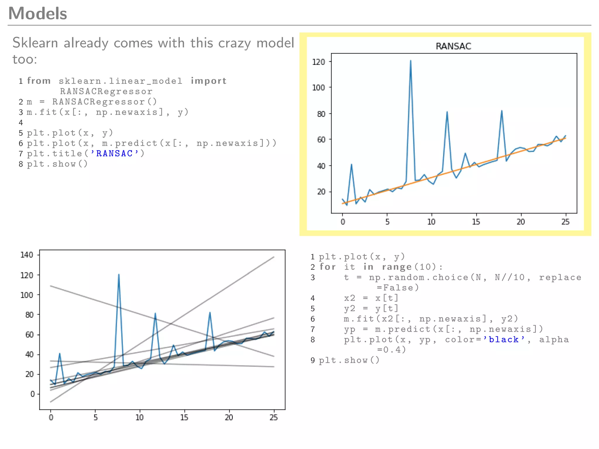 Models
Sklearn already comes with this crazy model
too:
1 from sklearn. linear_model import
RANSACRegressor
2 m = RANSACRegressor ()
3 m.fit(x[:, np.newaxis], y)
4
5 plt.plot(x, y)
6 plt.plot(x, m.predict(x[:, np.newaxis ]))
7 plt.title(’RANSAC ’)
8 plt.show ()
1 plt.plot(x, y)
2 f o r it i n range (10):
3 t = np.random.choice(N, N//10 , replace
=False)
4 x2 = x[t]
5 y2 = y[t]
6 m.fit(x2[:, np.newaxis], y2)
7 yp = m.predict(x[:, np.newaxis ])
8 plt.plot(x, yp , color=’black ’, alpha
=0.4)
9 plt.show ()
 