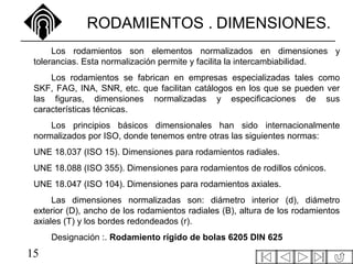 15
RODAMIENTOS . DIMENSIONES.
Los rodamientos son elementos normalizados en dimensiones y
tolerancias. Esta normalización permite y facilita la intercambiabilidad.
Los rodamientos se fabrican en empresas especializadas tales como
SKF, FAG, INA, SNR, etc. que facilitan catálogos en los que se pueden ver
las figuras, dimensiones normalizadas y especificaciones de sus
características técnicas.
Los principios básicos dimensionales han sido internacionalmente
normalizados por ISO, donde tenemos entre otras las siguientes normas:
UNE 18.037 (ISO 15). Dimensiones para rodamientos radiales.
UNE 18.088 (ISO 355). Dimensiones para rodamientos de rodillos cónicos.
UNE 18.047 (ISO 104). Dimensiones para rodamientos axiales.
Las dimensiones normalizadas son: diámetro interior (d), diámetro
exterior (D), ancho de los rodamientos radiales (B), altura de los rodamientos
axiales (T) y los bordes redondeados (r).
Designación :. Rodamiento rígido de bolas 6205 DIN 625
 