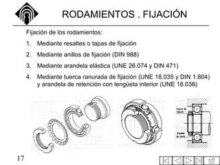 17
RODAMIENTOS . FIJACIÓN
Fijación de los rodamientos:
1. Mediante resaltes o tapas de fijación
2. Mediante anillos de fijación (DIN 988)
3. Mediante arandela elástica (UNE 26.074 y DIN 471)
4. Mediante tuerca ranurada de fijación (UNE 18.035 y DIN 1.804)
y arandela de retención con lengüeta interior (UNE 18.036)
 