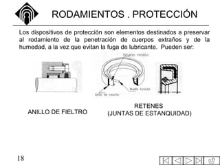 18
RODAMIENTOS . PROTECCIÓN
Los dispositivos de protección son elementos destinados a preservar
al rodamiento de la penetración de cuerpos extraños y de la
humedad, a la vez que evitan la fuga de lubricante. Pueden ser:
RETENES
(JUNTAS DE ESTANQUIDAD)ANILLO DE FIELTRO
 