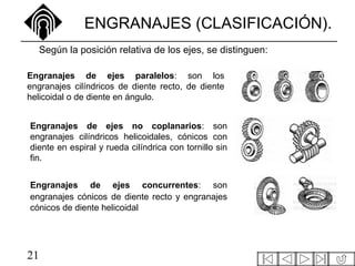 21
ENGRANAJES (CLASIFICACIÓN).
Según la posición relativa de los ejes, se distinguen:
Engranajes de ejes concurrentes: son
engranajes cónicos de diente recto y engranajes
cónicos de diente helicoidal
Engranajes de ejes no coplanarios: son
engranajes cilíndricos helicoidales, cónicos con
diente en espiral y rueda cilíndrica con tornillo sin
fin.
Engranajes de ejes paralelos: son los
engranajes cilíndricos de diente recto, de diente
helicoidal o de diente en ángulo.
 