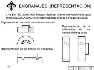 22
ENGRANAJES (REPRESENTACIÓN)
UNE-EN ISO 2203:1998 Dibujos técnicos. Signos convencionales para
engranajes (ISO 2203:1973) establece para ruedas dentadas aisladas:
Representación de la
orientación de los
dientes del engranaje
Representación de rueda dentada con sección
Representación de los dientes del engranaje
 