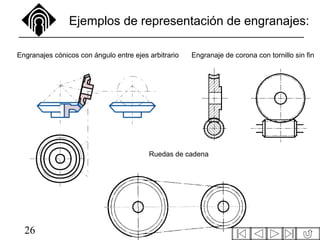 26
Ejemplos de representación de engranajes:
Engranajes cónicos con ángulo entre ejes arbitrario Engranaje de corona con tornillo sin fin
Ruedas de cadena
 