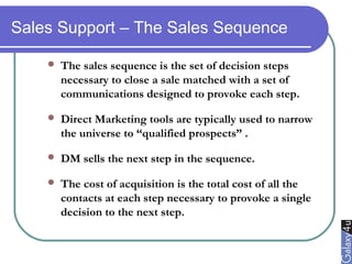 Sales Support – The Sales Sequence
 The sales sequence is the set of decision steps
necessary to close a sale matched with a set of
communications designed to provoke each step.
 Direct Marketing tools are typically used to narrow
the universe to “qualified prospects” .
 DM sells the next step in the sequence.
 The cost of acquisition is the total cost of all the
contacts at each step necessary to provoke a single
decision to the next step.
 