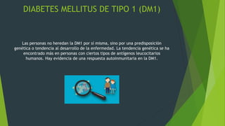 DIABETES MELLITUS DE TIPO 1 (DM1)
Las personas no heredan la DM1 por sí misma, sino por una predisposición
genética o tendencia al desarrollo de la enfermedad. La tendencia genética se ha
encontrado más en personas con ciertos tipos de antígenos leucocitarios
humanos. Hay evidencia de una respuesta autoinmunitaria en la DM1.
 