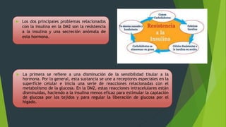  Los dos principales problemas relacionados
con la insulina en la DM2 son la resistencia
a la insulina y una secreción anómala de
esta hormona.
 La primera se refiere a una disminución de la sensibilidad tisular a la
hormona. Por lo general, esta sustancia se une a receptores especiales en la
superficie celular e inicia una serie de reacciones relacionadas con el
metabolismo de la glucosa. En la DM2, estas reacciones intracelulares están
disminuidas, haciendo a la insulina menos eficaz para estimular la captación
de glucosa por los tejidos y para regular la liberación de glucosa por el
hígado.
 