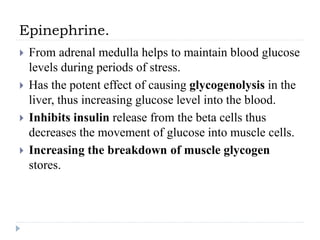 Epinephrine.
 From adrenal medulla helps to maintain blood glucose
levels during periods of stress.
 Has the potent effect of causing glycogenolysis in the
liver, thus increasing glucose level into the blood.
 Inhibits insulin release from the beta cells thus
decreases the movement of glucose into muscle cells.
 Increasing the breakdown of muscle glycogen
stores.
 