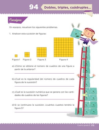 175Cuarto grado |
Actividad 1
En equipos, resuelvan los siguientes problemas.
1. Analicen esta sucesión de figuras:
a) ¿Cómo se obtiene el número de cuadros de una figura a
partir de la anterior?
b) ¿Cuál es la regularidad del número de cuadros de cada
figura de la sucesión?
c) ¿Cuál es la sucesión numérica que se genera con las canti-
dades de cuadros de las figuras?
d) Si se continuara la sucesión, ¿cuántos cuadros tendría la
figura 5?
Actividad 1Actividad 1Consigna 1Consigna 1
Actividad 2Actividad 2Consigna 2Consigna 2
Actividad 3Actividad 3Consigna 3Consigna 3
Actividad 4Actividad 4Consigna 4Consigna 4
ConsignaConsigna
94
Actividad 1Actividad 1Consigna 1Consigna 1
Actividad 2Actividad 2Consigna 2Consigna 2
Actividad 3Actividad 3Consigna 3Consigna 3
Actividad 4Actividad 4Consigna 4Consigna 4
ConsignaConsigna
Dobles, triples, cuádruples…
Figura 1 Figura 2 Figura 3 Figura 4
Libro 1.indb 175 11/09/19 11:23
 