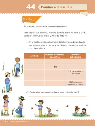 82 | Desafíos matemáticos
Actividad 1
En equipos, resuelvan el siguiente problema.
Para llegar a la escuela, Martina camina 1350 m, Luis 875 m,
Ignacio 1418 m, Beti 918 m y Alfredo 2130 m.
• En la tabla escriban el nombre del alumno, ordenen las dis-
tancias de mayor a menor y escriban el número de metros
con cifras y letra.
Alumno
Número de metros
con cifras
Nombre
del número
1418
Mil trescientos
cincuenta
Ochocientos
setenta y cinco
a) ¿Quién vive más cerca de la escuela, Luis o Ignacio?
Actividad 1Actividad 1
Actividad 2Actividad 2
Actividad 3Actividad 3
Actividad 4Actividad 4
Consigna 1Consigna 1
Consigna 2Consigna 2
Consigna 3Consigna 3
Consigna 4Consigna 4
ConsignaConsigna
44 Camino a la escuela
Actividad 1Actividad 1
Actividad 2Actividad 2
Actividad 3Actividad 3
Actividad 4Actividad 4
Consigna 1Consigna 1
Consigna 2Consigna 2
Consigna 3Consigna 3
Consigna 4Consigna 4
ConsignaConsigna
Libro 1.indb 82 11/09/19 11:22
 