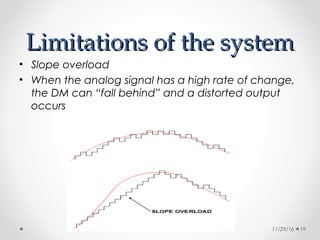 Limitations of the systemLimitations of the system
• Slope overload
• When the analog signal has a high rate of change,
the DM can “fall behind” and a distorted output
occurs
11/29/16 19
 