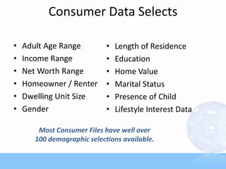 Consumer Data Selects
• Adult Age Range
• Income Range
• Net Worth Range
• Homeowner / Renter
• Dwelling Unit Size
• Gender
• Length of Residence
• Education
• Home Value
• Marital Status
• Presence of Child
• Lifestyle Interest Data
Most Consumer Files have well over
100 demographic selections available.
 