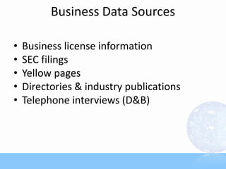 Business Data Sources
• Business license information
• SEC filings
• Yellow pages
• Directories & industry publications
• Telephone interviews (D&B)
 