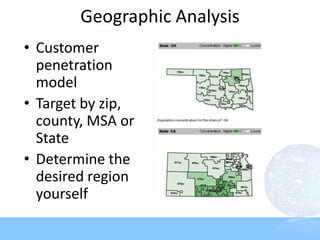 Geographic Analysis
• Customer
penetration
model
• Target by zip,
county, MSA or
State
• Determine the
desired region
yourself
 