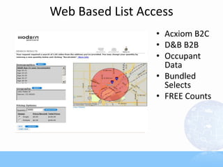 Web Based List Access
• Acxiom B2C
• D&B B2B
• Occupant
Data
• Bundled
Selects
• FREE Counts
 