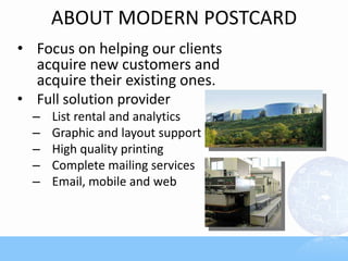 ABOUT MODERN POSTCARD
• Focus on helping our clients
acquire new customers and
acquire their existing ones.
• Full solution provider
– List rental and analytics
– Graphic and layout support
– High quality printing
– Complete mailing services
– Email, mobile and web
 