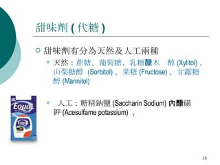 甜味劑 ( 代糖 ) 甜味劑有分為天然及人工兩種   天然： 蔗糖 、葡 萄糖 、 乳 糖 、木醣醇 (Xylitol) 、山梨糖醇  (Sorbitol) 、果糖 (Fructose) 、甘露糖醇 (Mannitol) 人工： 糖精鈉鹽 (Saccharin Sodium) 、醋磺內酯鉀 (Acesulfame potassium)   、 