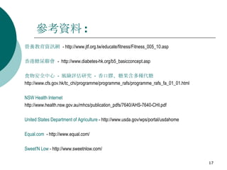 參考資料 : 營養教育資訊網   -  http://www.jtf.org.tw/educate/fitness/Fitness_005_10.asp 香港糖尿聯會   -  http://www.diabetes-hk.org/b5_basicconcept.asp 食物安全中心  -  風險評估研究  -  香口膠、糖果含多種代糖 http://www.cfs.gov.hk/tc_chi/programme/programme_rafs/programme_rafs_fa_01_01.html NSW Health Internet http://www.health.nsw.gov.au/mhcs/publication_pdfs/7640/AHS-7640-CHI.pdf United States Department of Agriculture  - http://www.usda.gov/wps/portal/usdahome Equal.com  - http://www.equal.com/ Sweet'N Low  - http://www.sweetnlow.com/ 