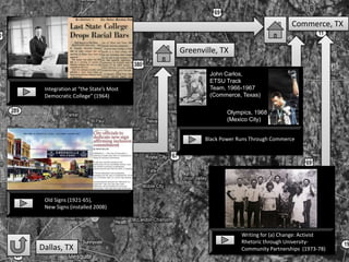 Commerce, TX


                                    Greenville, TX

                                            John Carlos,
                                            ETSU Track
 Integration at “the State’s Most           Team, 1966-1967
 Democratic College” (1964)                 (Commerce, Texas)


                                                   Olympics, 1968
                                                   (Mexico City)


                                           Black Power Runs Through Commerce




 Old Signs (1921-65),
 New Signs (installed 2008)



                                                        Writing for (a) Change: Activist
                                                        Rhetoric through University-
Dallas, TX                                              Community Partnerships (1973-78)
 