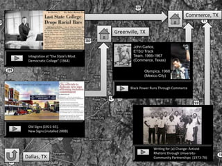 Commerce, TX


                                    Greenville, TX

                                            John Carlos,
                                            ETSU Track
 Integration at “the State’s Most           Team, 1966-1967
 Democratic College” (1964)                 (Commerce, Texas)


                                                   Olympics, 1968
                                                   (Mexico City)


                                           Black Power Runs Through Commerce




 Old Signs (1921-65),
 New Signs (installed 2008)



                                                        Writing for (a) Change: Activist
                                                        Rhetoric through University-
Dallas, TX                                              Community Partnerships (1973-78)
 