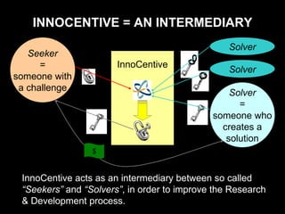 InnoCentive acts as an intermediary between so called   “Seekers”  and  “Solvers” , in order to improve the Research & Dev...