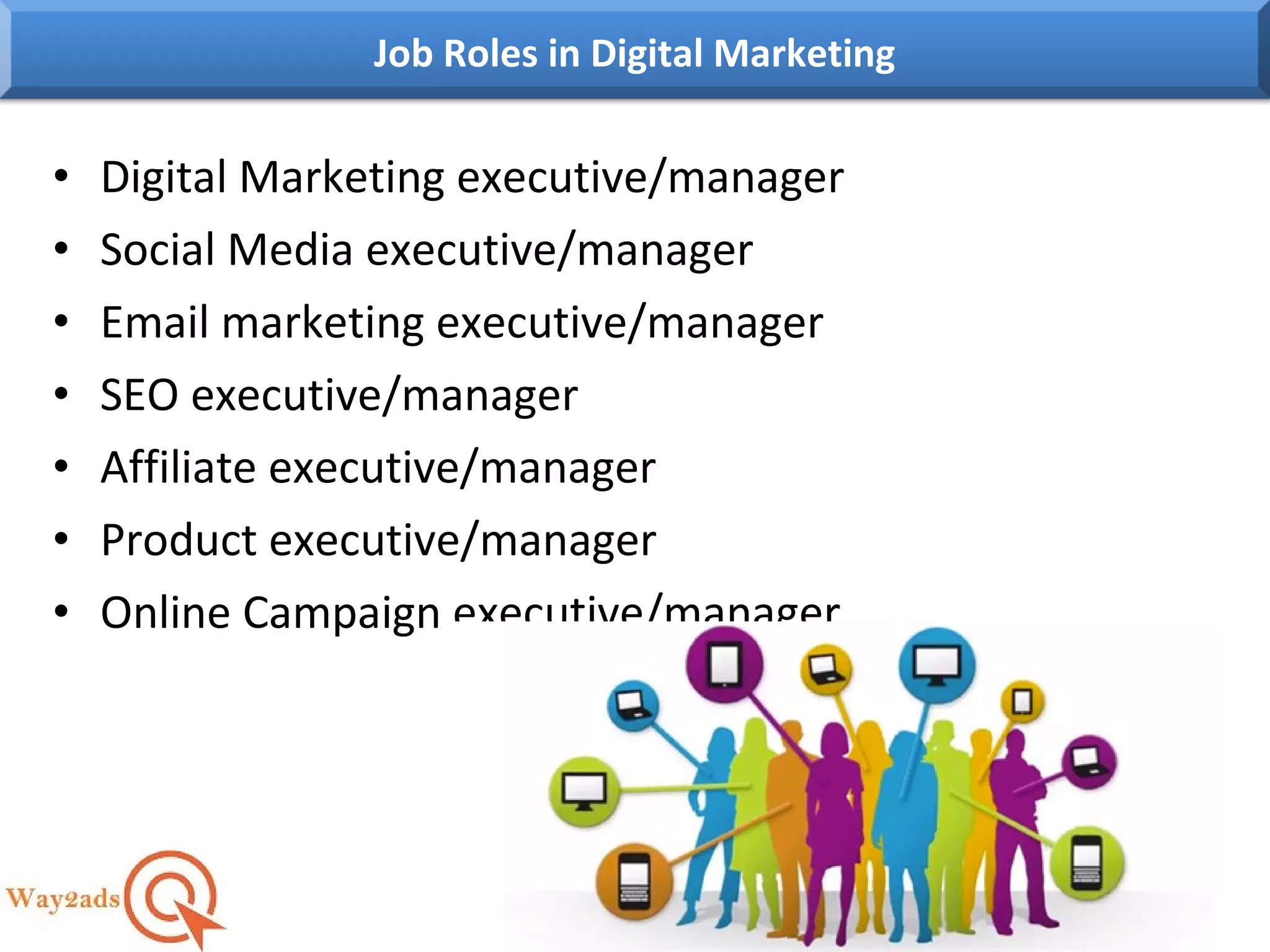 • Digital Marketing executive/manager
• Social Media executive/manager
• Email marketing executive/manager
• SEO executive/manager
• Affiliate executive/manager
• Product executive/manager
• Online Campaign executive/manager
Job Roles in Digital Marketing
 