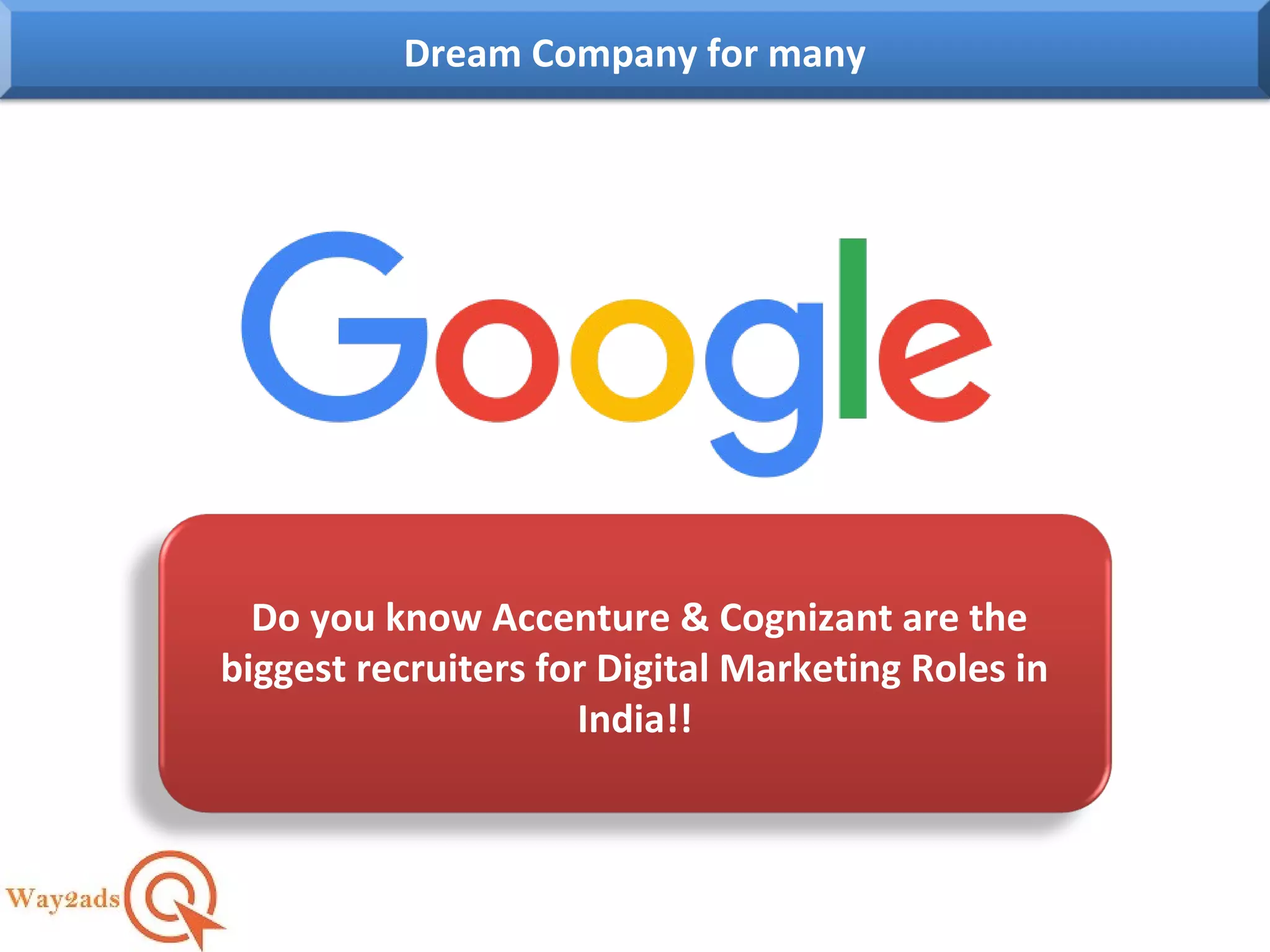 Dream Company for many
Do you know Accenture & Cognizant are the
biggest recruiters for Digital Marketing Roles in
India!!
 