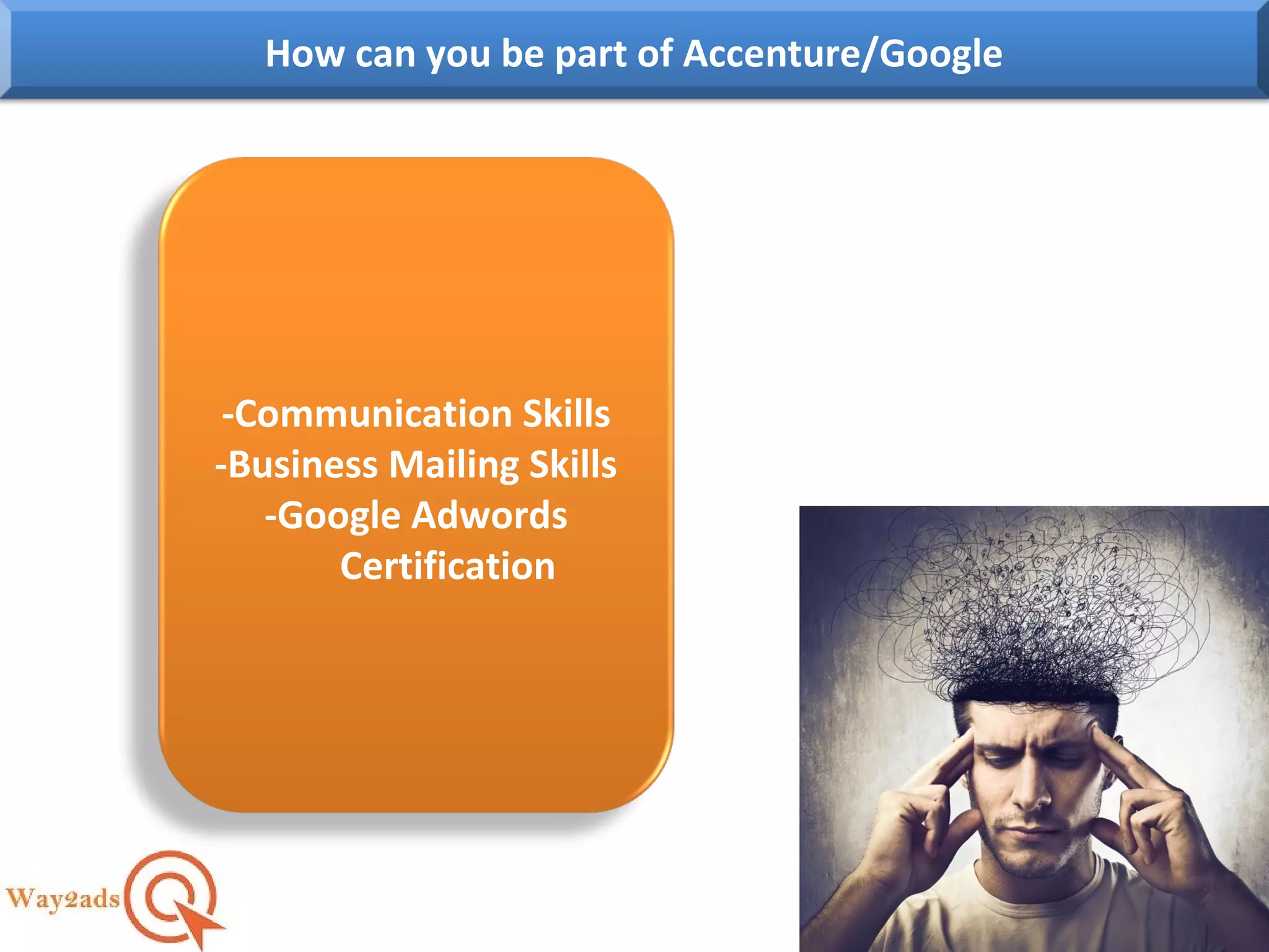 How can you be part of Accenture/Google
-Communication Skills
-Business Mailing Skills
-Google Adwords
Certification
 