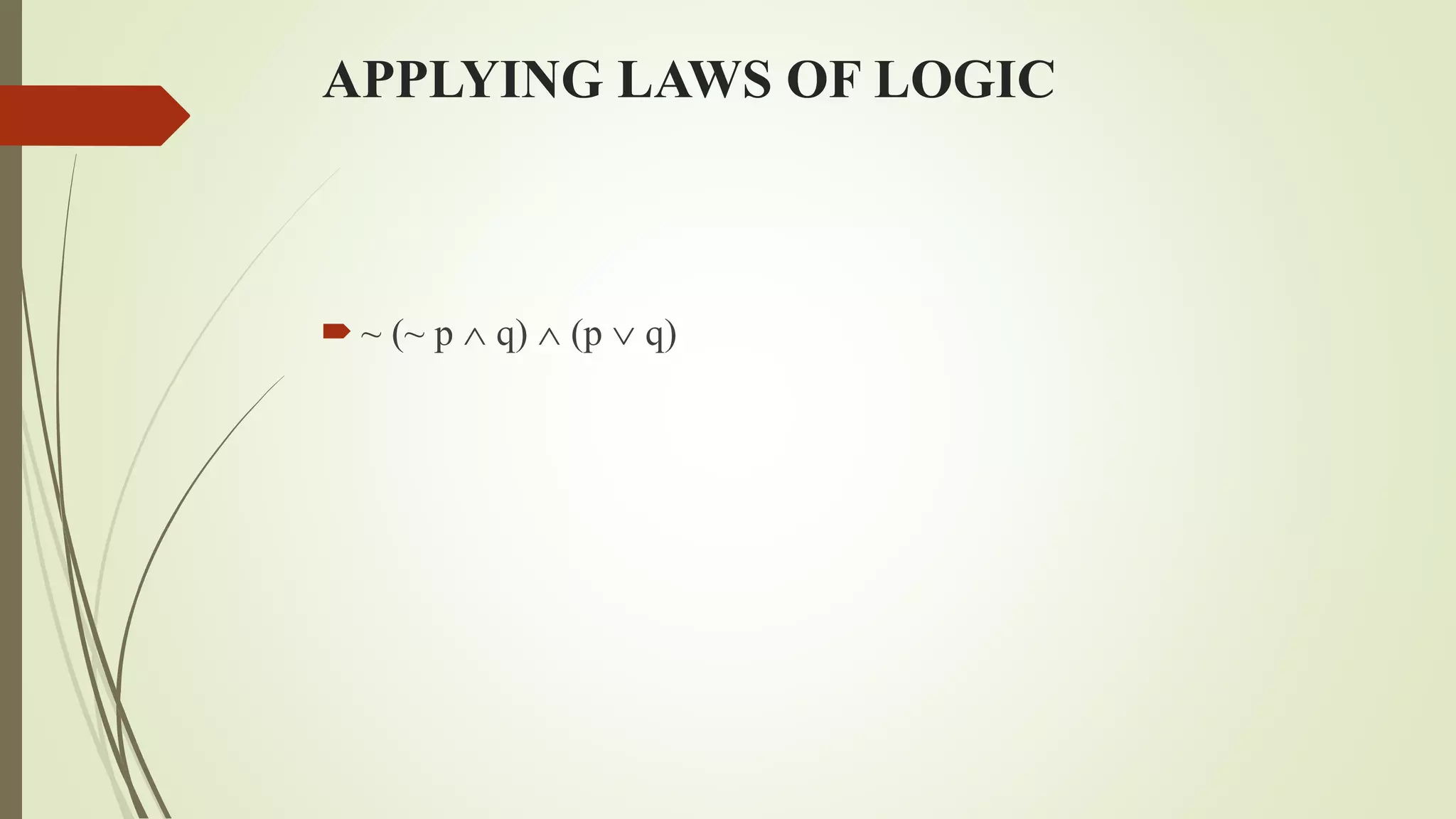 APPLYING LAWS OF LOGIC
 ~ (~ p  q)  (p  q)
 