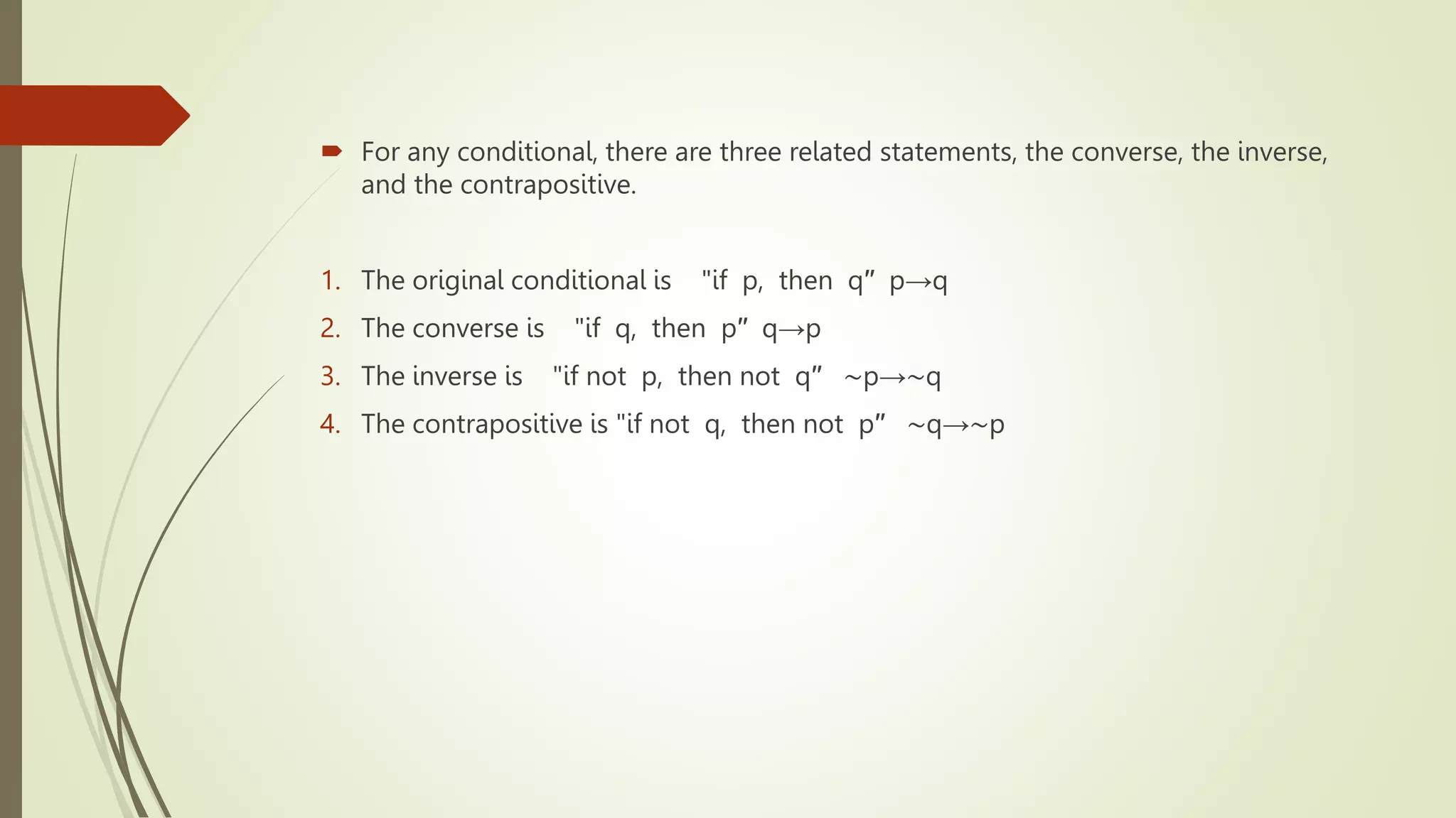  For any conditional, there are three related statements, the converse, the inverse,
and the contrapositive.
1. The original conditional is "if p, then q′′ p→q
2. The converse is "if q, then p′′ q→p
3. The inverse is "if not p, then not q′′ ∼p→∼q
4. The contrapositive is "if not q, then not p′′ ∼q→∼p
 
