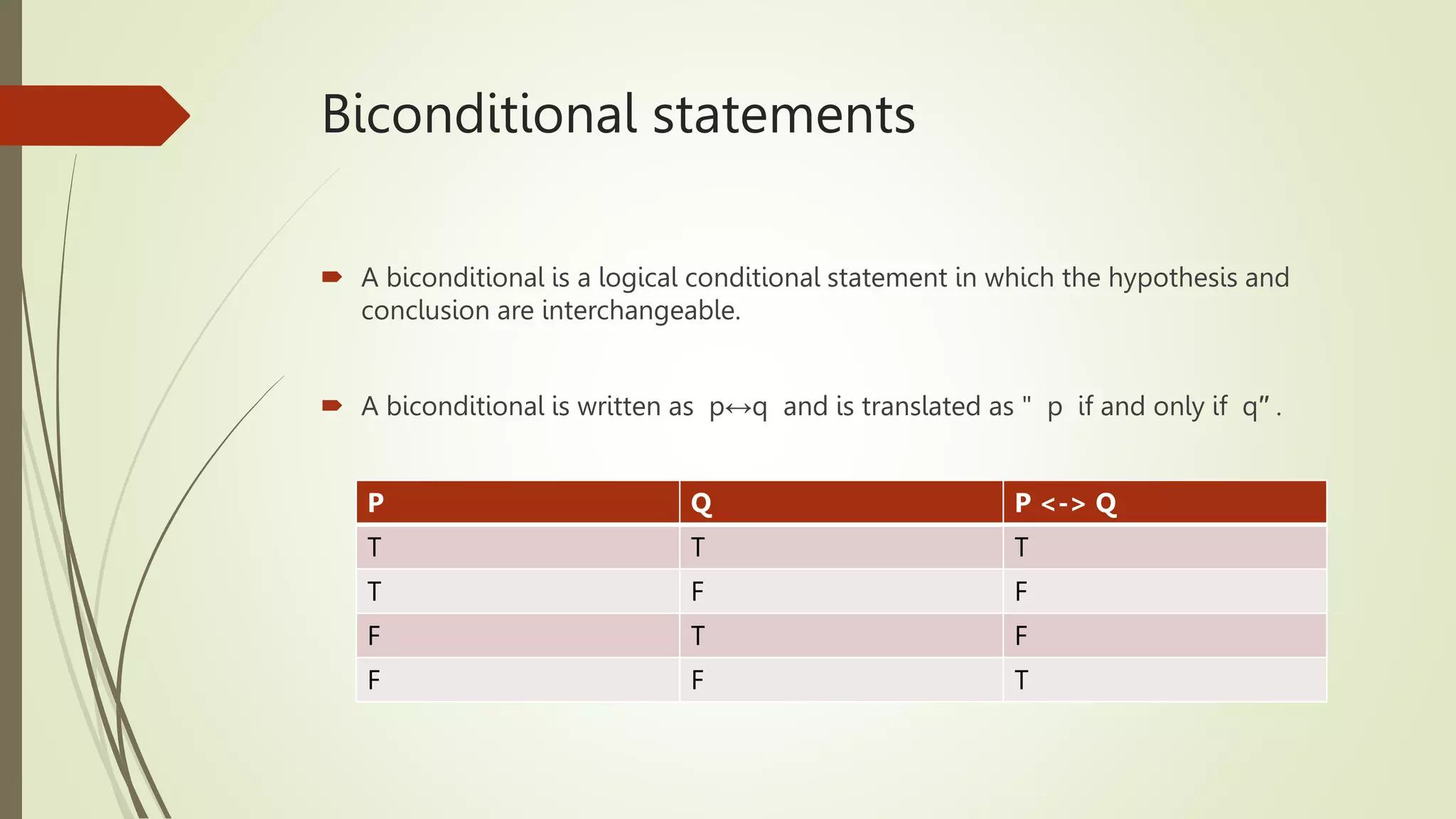 Biconditional statements
 A biconditional is a logical conditional statement in which the hypothesis and
conclusion are interchangeable.
 A biconditional is written as p↔q and is translated as " p if and only if q′′ .
P Q P <-> Q
T T T
T F F
F T F
F F T
 