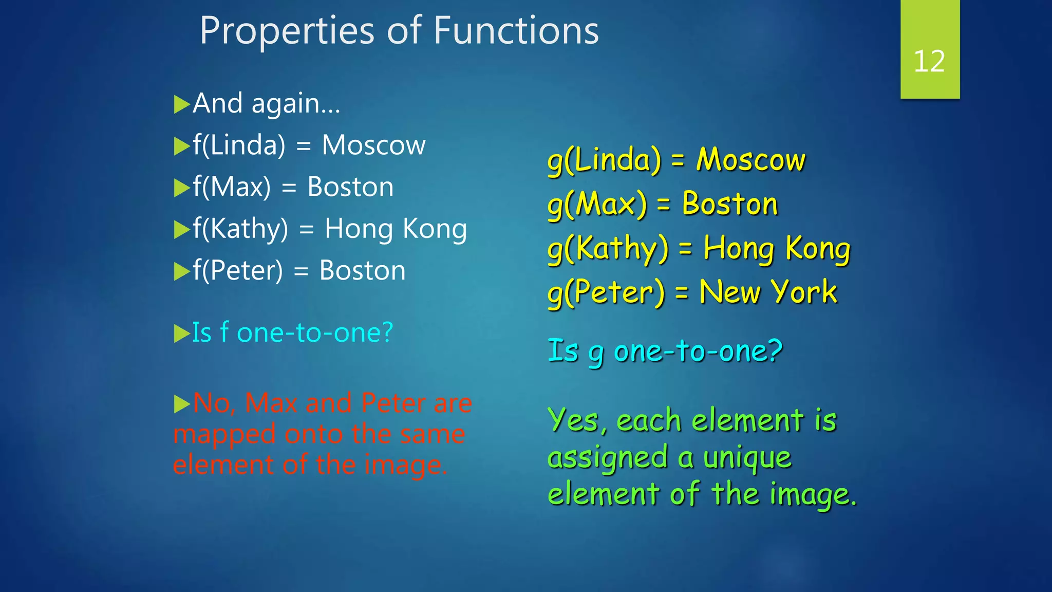 Properties of Functions
And again…
f(Linda) = Moscow
f(Max) = Boston
f(Kathy) = Hong Kong
f(Peter) = Boston
Is f one-to-one?
No, Max and Peter are
mapped onto the same
element of the image.
12
g(Linda) = Moscow
g(Max) = Boston
g(Kathy) = Hong Kong
g(Peter) = New York
Is g one-to-one?
Yes, each element is
assigned a unique
element of the image.
 