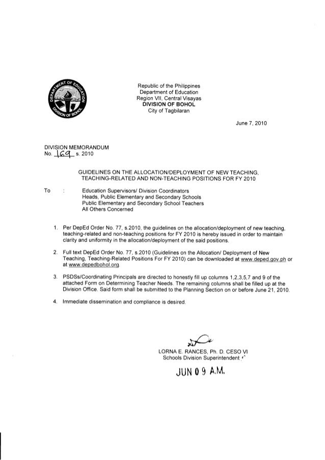 dm no 169 s 2010 deployment of new teaching positions dm full form