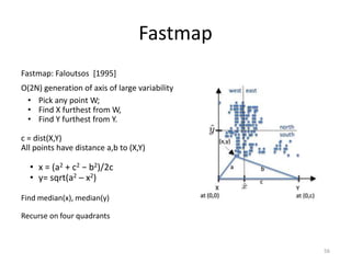 Fastmap
56
Fastmap: Faloutsos [1995]
O(2N) generation of axis of large variability
• Pick any point W;
• Find X furthest from W,
• Find Y furthest from Y.
c = dist(X,Y)
All points have distance a,b to (X,Y)
• x = (a2 + c2 − b2)/2c
• y= sqrt(a2 – x2)
Find median(x), median(y)
Recurse on four quadrants
 