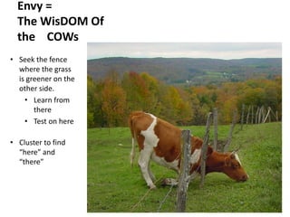 • Seek the fence
where the grass
is greener on the
other side.
• Learn from
there
• Test on here
• Cluster to find
“here” and
“there”
60
Envy =
The WisDOM Of
the COWs
 