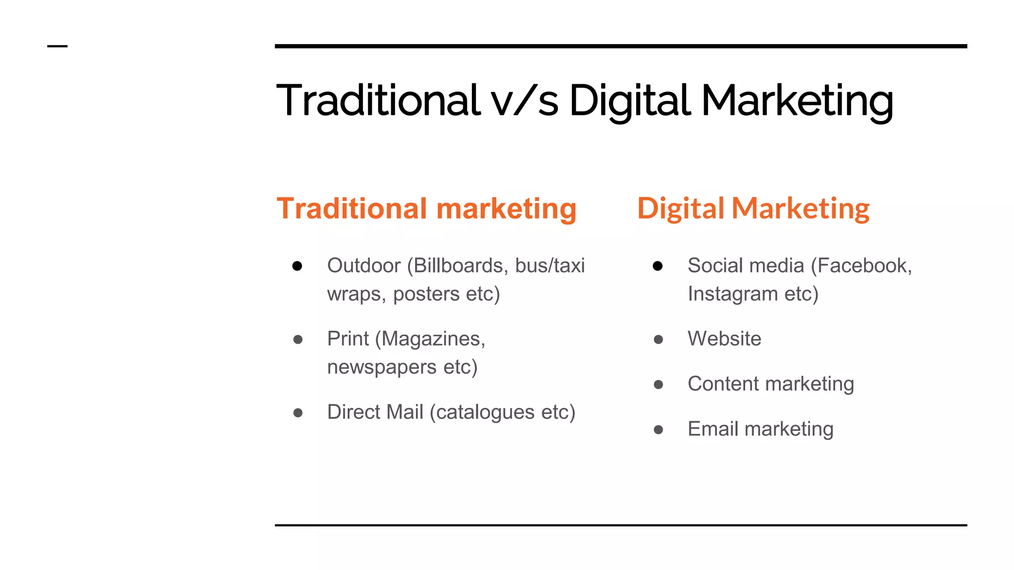 Traditional marketing
● Outdoor (Billboards, bus/taxi
wraps, posters etc)
● Print (Magazines,
newspapers etc)
● Direct Mail (catalogues etc)
Digital Marketing
● Social media (Facebook,
Instagram etc)
● Website
● Content marketing
● Email marketing
Traditional v/s Digital Marketing
 