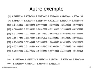 Autre exemple
         [1] 4.74279234 8.90074709 7.06175647 2.80194483 4.19497661 4.30344155

         [7] 5.58483474 2.30323484 5.66284107 4.40083221 3.36392437 3.99950448

        [13] 3.84358469 4.08730476 8.99779318 4.72991012 4.25692068 4.57993247

        [19] 6.50889816 2.92288236 9.20517739 4.29231163 3.39349137 8.87978777

        [25] 5.21750942 1.23355214 3.56117390 3.06277902 5.16581773 6.51331144

        [31] 7.65417446 3.06673214 6.85696290 6.23328467 4.65693313 3.89305573

        [37] 6.25453751 5.52968492 5.93383069 1.20633128 8.16230204 3.58200150

        [43] 4.32520576 3.71162361 6.43827240 5.93904064 3.17376193 3.91862340

        [49] 6.38859032 7.02370090 7.64838419 6.65913238 2.23316516 4.86409606

         ...

       [991] 3.26833660 3.10757379 3.68926328 6.29135011 2.90976308 3.93447886

       [997] 2.36438509 7.11194721 8.43741944 2.98630325
(c) 2009 Giorgio Pauletto                                                        49
 