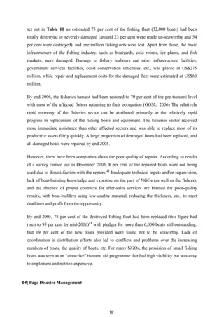 6
64
4
set out in Table 11 an estimated 75 per cent of the fishing fleet (32,000 boats) had been
totally destroyed or severely damaged (around 23 per cent were made un-seaworthy and 54
per cent were destroyed), and one million fishing nets were lost. Apart from these, the basic
infrastructure of the fishing industry, such as boatyards, cold rooms, ice plants, and fish
markets, were damaged. Damage to fishery harbours and other infrastructure facilities,
government services facilities, coast conservation structures, etc., was placed at US$275
million, while repair and replacement costs for the damaged fleet were estimated at US$60
million.
By end 2006, the fisheries harvest had been restored to 70 per cent of the pre-tsunami level
with most of the affected fishers returning to their occupation (GOSL, 2006) The relatively
rapid recovery of the fisheries sector can be attributed primarily to the relatively rapid
progress in replacement of the fishing boats and equipment. The fisheries sector received
more immediate assistance than other affected sectors and was able to replace most of its
productive assets fairly quickly. A large proportion of destroyed boats had been replaced, and
all damaged boats were repaired by end 2005.
However, there have been complaints about the poor quality of repairs. According to results
of a survey carried out in December 2005, 8 per cent of the repaired boats were not being
used due to dissatisfaction with the repairs.22
Inadequate technical inputs and/or supervision,
lack of boat-building knowledge and expertise on the part of NGOs (as well as the fishers),
and the absence of proper contracts for after-sales services are blamed for poor-quality
repairs, with boat-builders using low-quality material, reducing the thickness, etc., to meet
deadlines and profit from the opportunity.
By end 2005, 78 per cent of the destroyed fishing fleet had been replaced (this figure had
risen to 95 per cent by mid-2006)23
with pledges for more than 6,000 boats still outstanding.
But 19 per cent of the new boats provided were found not to be seaworthy. Lack of
coordination in distribution efforts also led to conflicts and problems over the increasing
numbers of boats, the quality of boats, etc. For many NGOs, the provision of small fishing
boats was seen as an ―attractive‖ tsunami aid programme that had high visibility but was easy
to implement and not too expensive.
64| Page Disaster Management
 