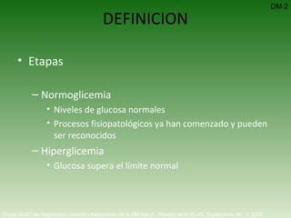 DEFINICION Etapas Normoglicemia Niveles de glucosa normales Procesos fisiopatológicos ya han comenzado y pueden ser reconocidos Hiperglicemia Glucosa supera el límite normal DM 2 Guías ALAD de diagnóstico, control y tratamiento de la DM tipo 2.  Revista de la ALAD. Suplemento No. 1. 2000   